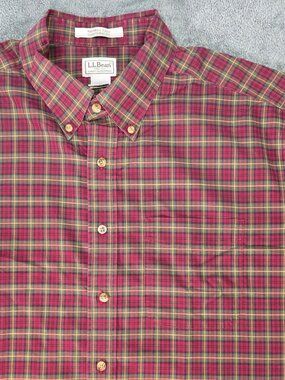 L.L. Bean Red Plaid Shirt Mens XL Wrinkle Free Cotton Button Down